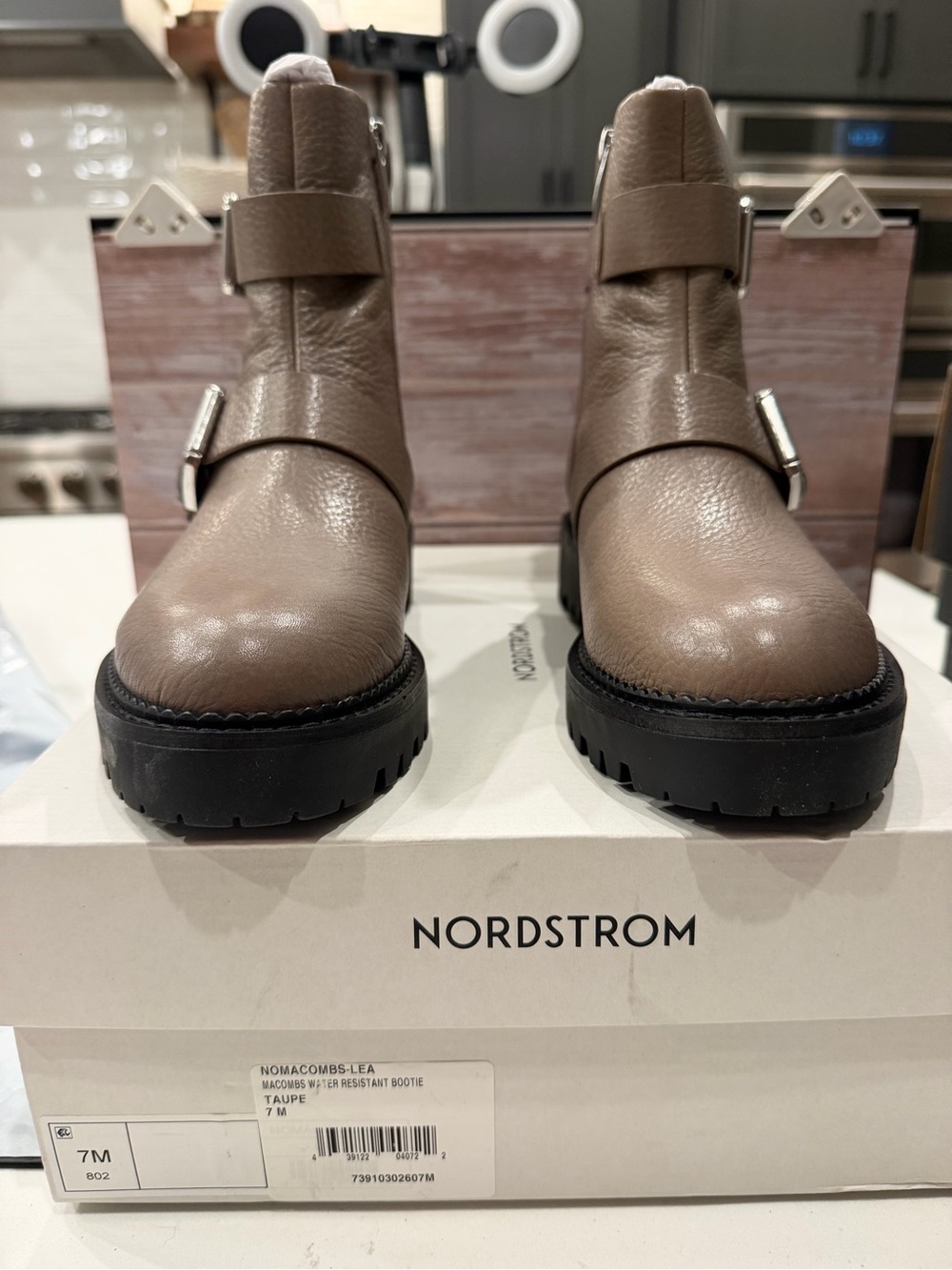 Nordstrom Taupe Leather Buckle Lug Ankle Boots